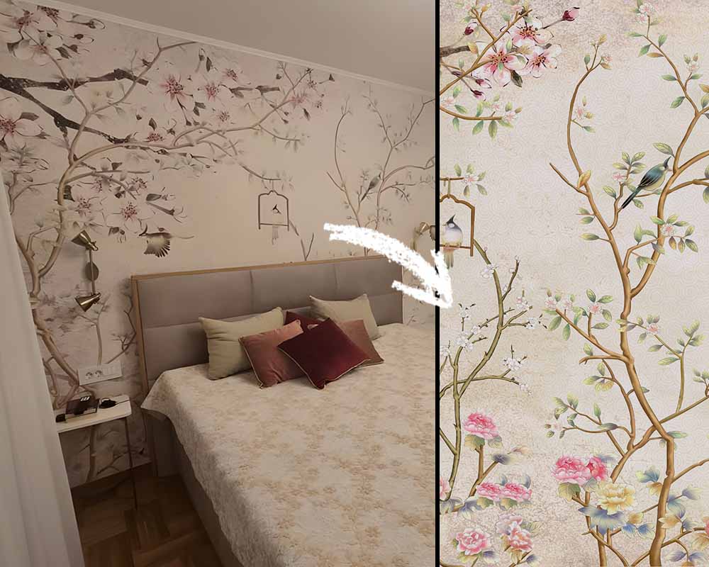 Fototapeta sa cvetnim granama i pticama u spavaćoj sobi iznad kreveta, primer tapete po želji